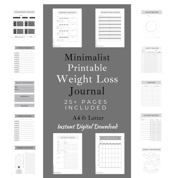 black and white Printable Minimalist Weight Loss Planner